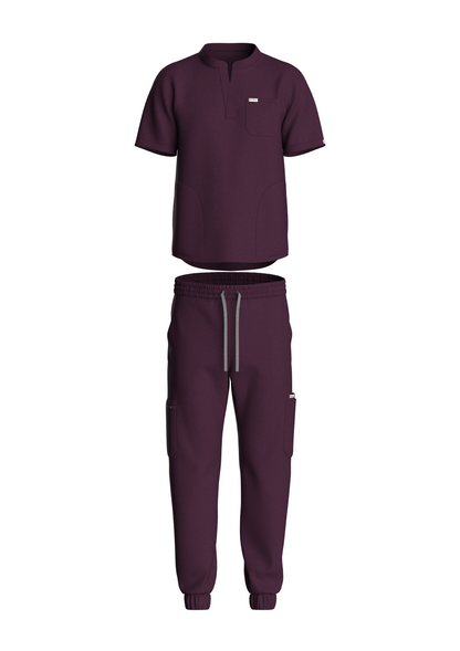 NuMode Men's Scrub with Mandarin Collar and Jogger - Wine